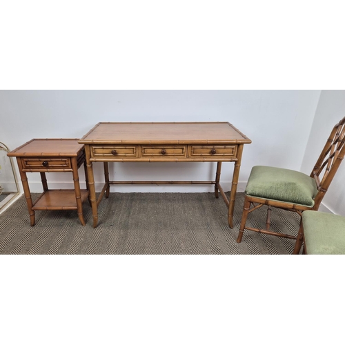 322 - FAUX BAMBOO WRITING TABLE, 76cm H x 120cm x 60cm, together with two matching chairs and a side table... 