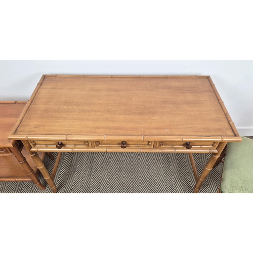 322 - FAUX BAMBOO WRITING TABLE, 76cm H x 120cm x 60cm, together with two matching chairs and a side table... 