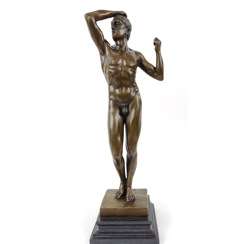 329 - CONTEMPORARY SCHOOL SCULPTURE, of a nude male figure in bronze, 46cm H.