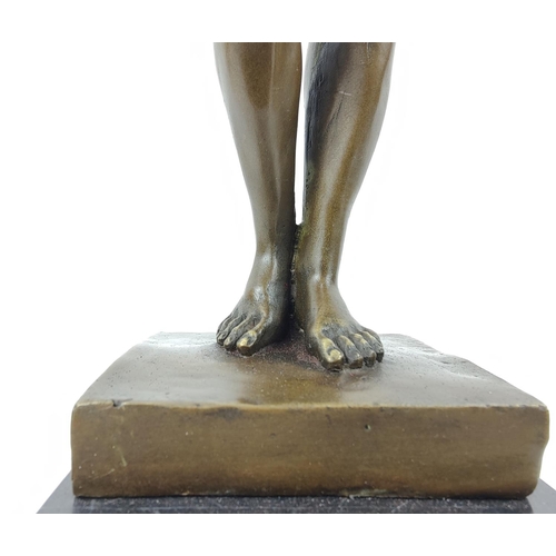 329 - CONTEMPORARY SCHOOL SCULPTURE, of a nude male figure in bronze, 46cm H.