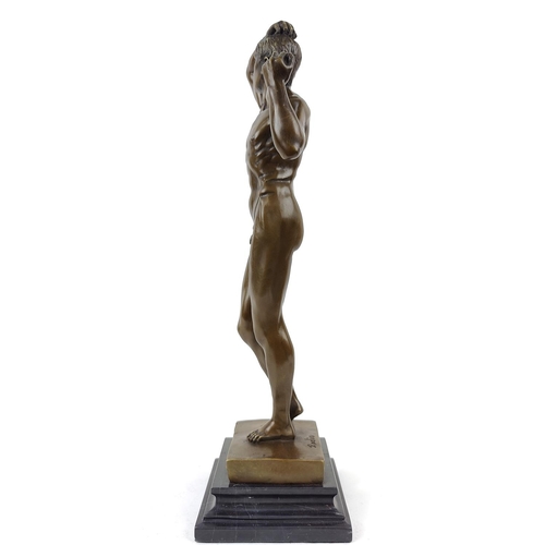 329 - CONTEMPORARY SCHOOL SCULPTURE, of a nude male figure in bronze, 46cm H.