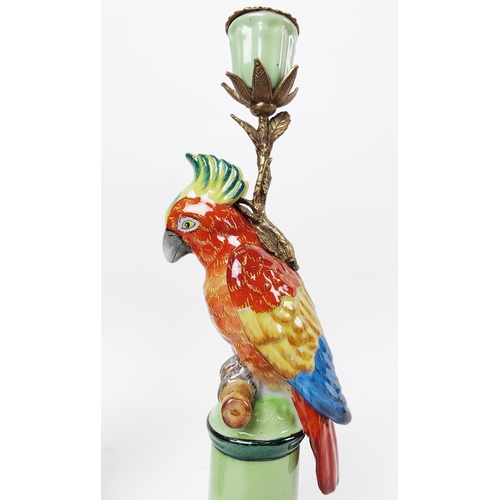 333 - CANDLESTICKS, a pair, ceramic with red parrots, 30cm H. (2)