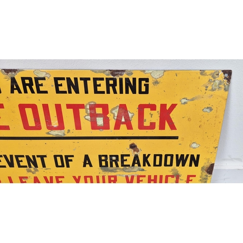 340 - THE OUTBACK SIGN, vintage style enamel in a distressed finish, 39cm H x 59cm W.