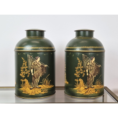 341 - TEA CANISTERS, a pair, Regency style, green and gold finish, 37cm H. (2)