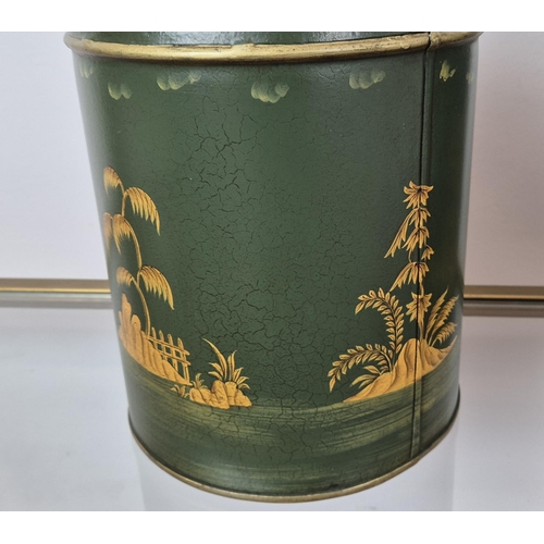 341 - TEA CANISTERS, a pair, Regency style, green and gold finish, 37cm H. (2)