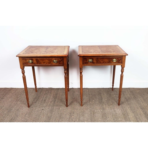 345 - SIDE TABLES, a pair, 19th century style yew wood with single drawer on turned supports, 77cm H x 61c... 