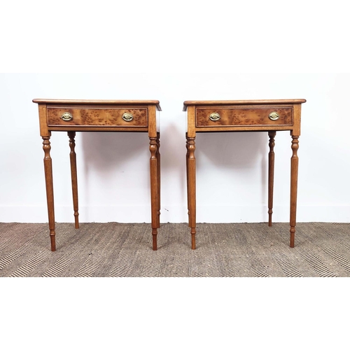 345 - SIDE TABLES, a pair, 19th century style yew wood with single drawer on turned supports, 77cm H x 61c... 