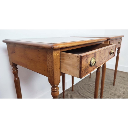 345 - SIDE TABLES, a pair, 19th century style yew wood with single drawer on turned supports, 77cm H x 61c... 