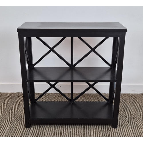 354 - OKA BOOKCASE, with lattice ends in an ebonised finish, 86cm W x 33cm D x 91cm H.