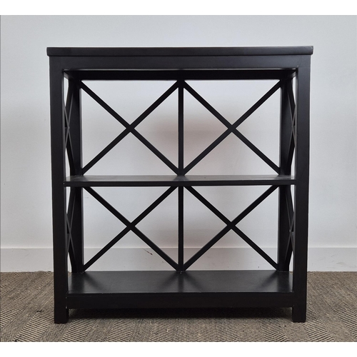 354 - OKA BOOKCASE, with lattice ends in an ebonised finish, 86cm W x 33cm D x 91cm H.