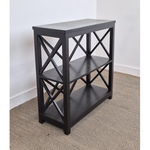 354 - OKA BOOKCASE, with lattice ends in an ebonised finish, 86cm W x 33cm D x 91cm H.