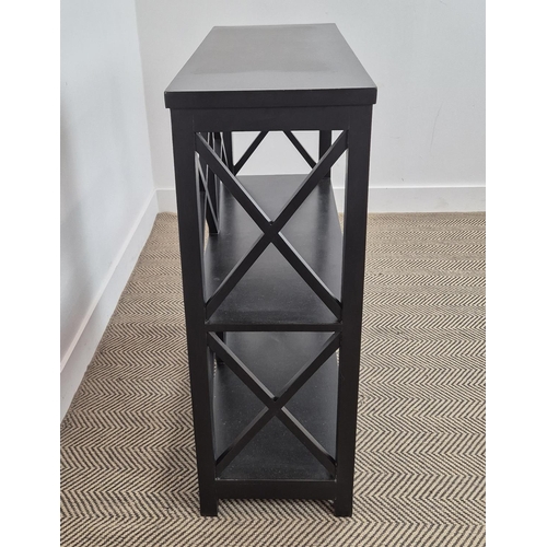 354 - OKA BOOKCASE, with lattice ends in an ebonised finish, 86cm W x 33cm D x 91cm H.