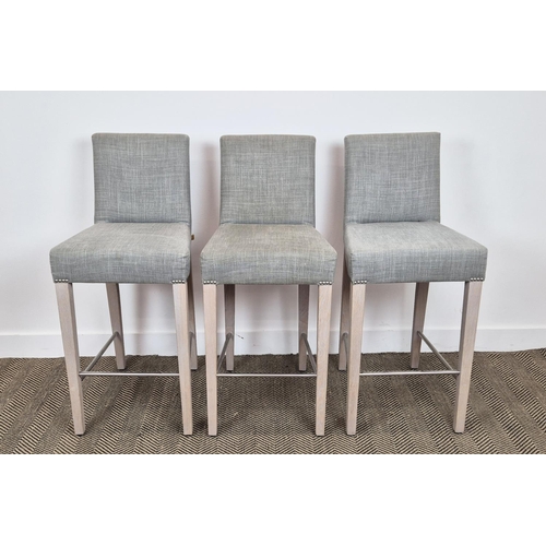 378 - NEPTUNE SHOREDITCH HIGH BACK BAR STOOLS, a set of three, with studded details, 35cm W x 50cm D x 100... 