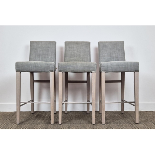 378 - NEPTUNE SHOREDITCH HIGH BACK BAR STOOLS, a set of three, with studded details, 35cm W x 50cm D x 100... 