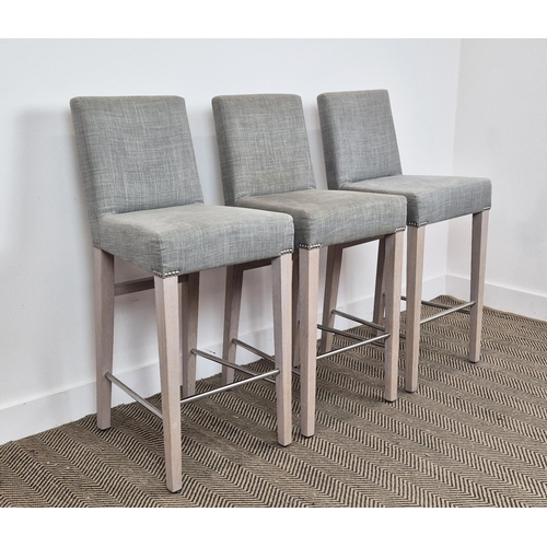 378 - NEPTUNE SHOREDITCH HIGH BACK BAR STOOLS, a set of three, with studded details, 35cm W x 50cm D x 100... 