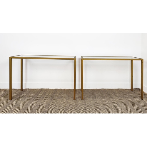 381 - CONSOLE TABLES, a pair, with inlaid glass tops and metal frames, 100cm W x 35cm D x 70cm H. (2)