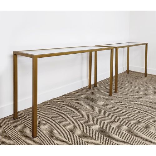 381 - CONSOLE TABLES, a pair, with inlaid glass tops and metal frames, 100cm W x 35cm D x 70cm H. (2)