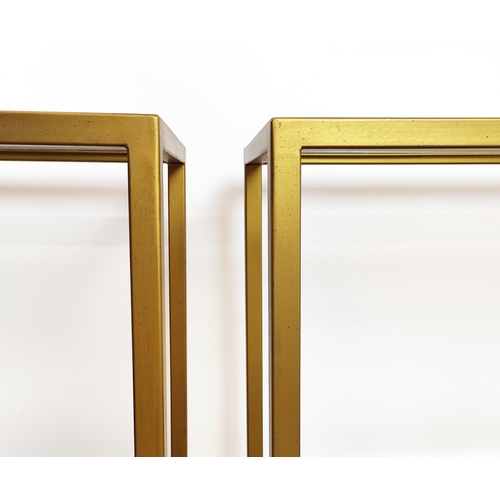 381 - CONSOLE TABLES, a pair, with inlaid glass tops and metal frames, 100cm W x 35cm D x 70cm H. (2)