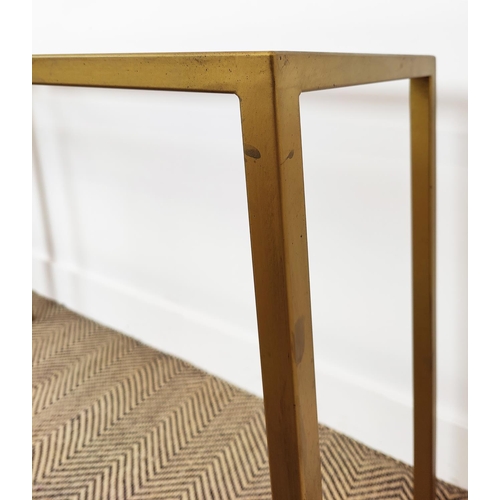 381 - CONSOLE TABLES, a pair, with inlaid glass tops and metal frames, 100cm W x 35cm D x 70cm H. (2)