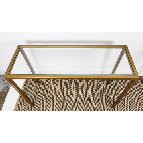 381 - CONSOLE TABLES, a pair, with inlaid glass tops and metal frames, 100cm W x 35cm D x 70cm H. (2)