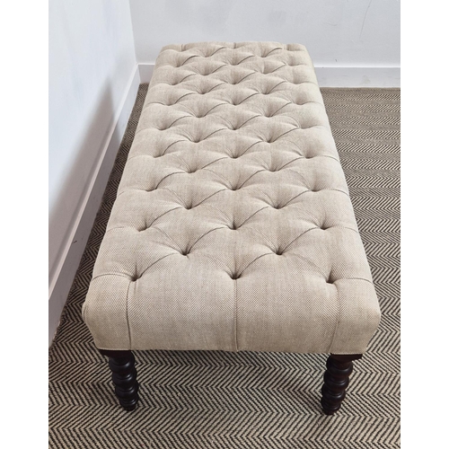 382 - GEORGE SMITH SIGNATURE DEEP BUTTONED STOOL, with a buttoned top, bears plaque, 145cm W x 60cm D x 45... 