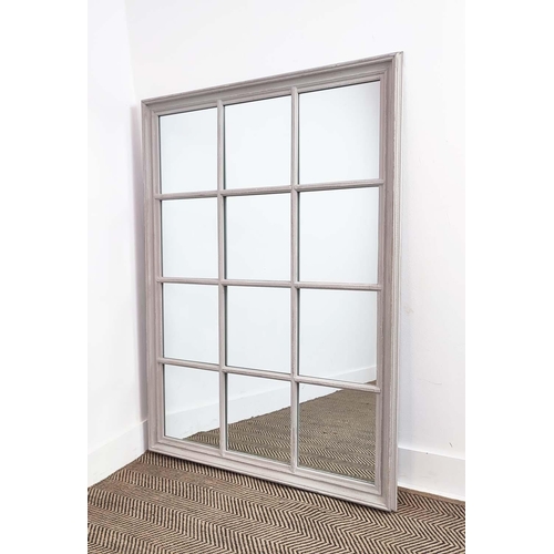 385 - OKA WALL MIRROR, grey painted frame, 131cm H x 95cm W.