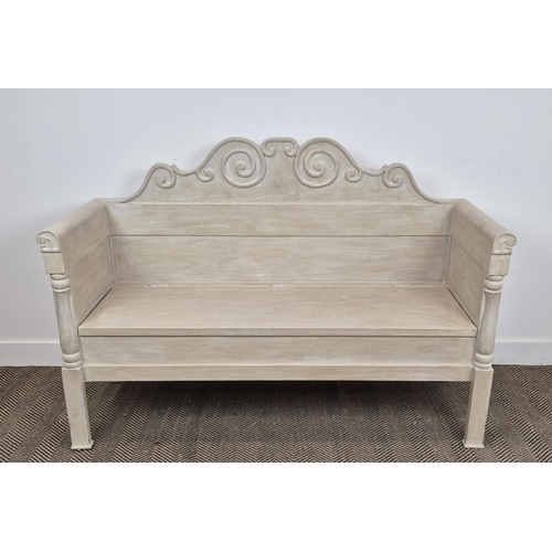 386 - GUSTAVIAN STYLE SETTLE BENCH, grey painted, 102cm H x 148cm W x 50cm D.