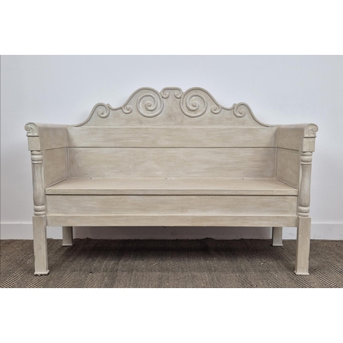 386 - GUSTAVIAN STYLE SETTLE BENCH, grey painted, 102cm H x 148cm W x 50cm D.