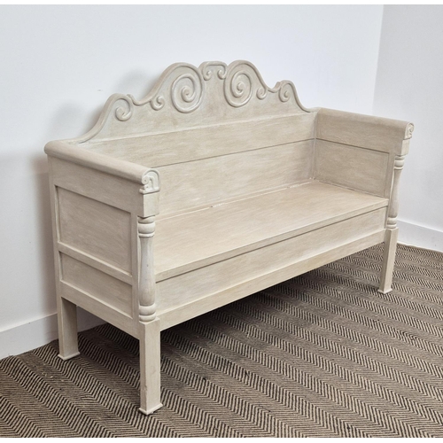 386 - GUSTAVIAN STYLE SETTLE BENCH, grey painted, 102cm H x 148cm W x 50cm D.