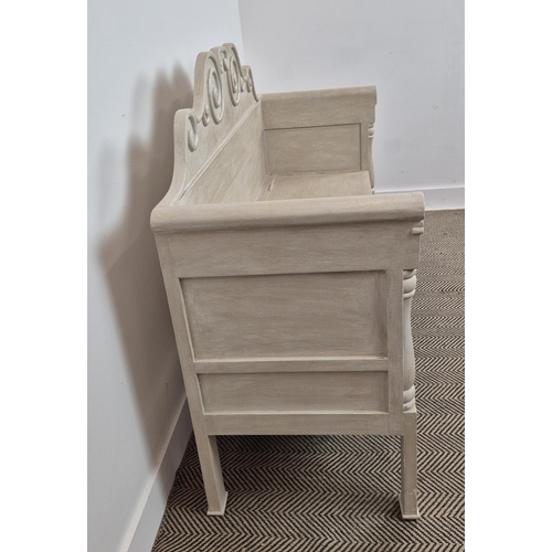 386 - GUSTAVIAN STYLE SETTLE BENCH, grey painted, 102cm H x 148cm W x 50cm D.