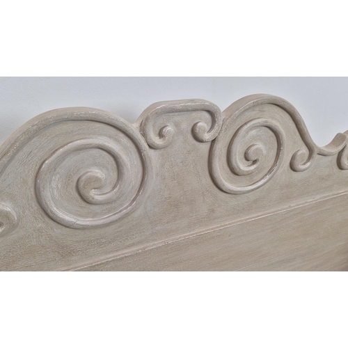 386 - GUSTAVIAN STYLE SETTLE BENCH, grey painted, 102cm H x 148cm W x 50cm D.