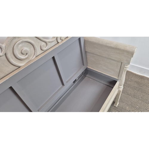 386 - GUSTAVIAN STYLE SETTLE BENCH, grey painted, 102cm H x 148cm W x 50cm D.