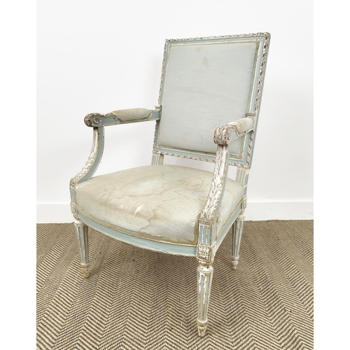 387 - FAUTEUIL, 19th century French carved blue and white painted frame, 95cm H x 60cm W x 58cm D.