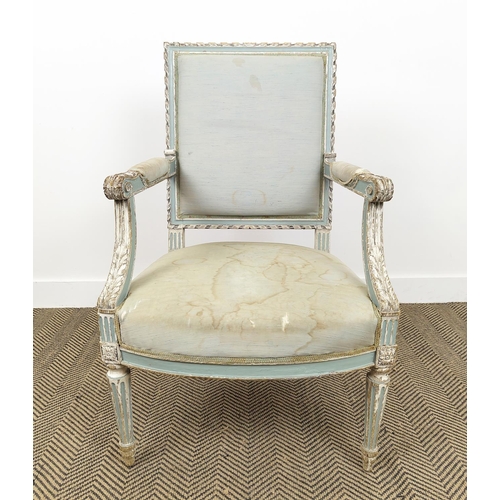 387 - FAUTEUIL, 19th century French carved blue and white painted frame, 95cm H x 60cm W x 58cm D.