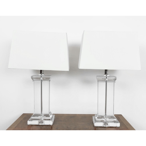 389 - TABLE LAMPS, a pair, glass with shades, 65.5cm H approx. (2)