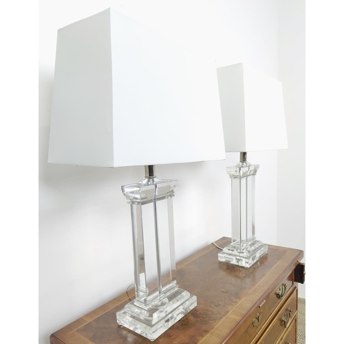 389 - TABLE LAMPS, a pair, glass with shades, 65.5cm H approx. (2)