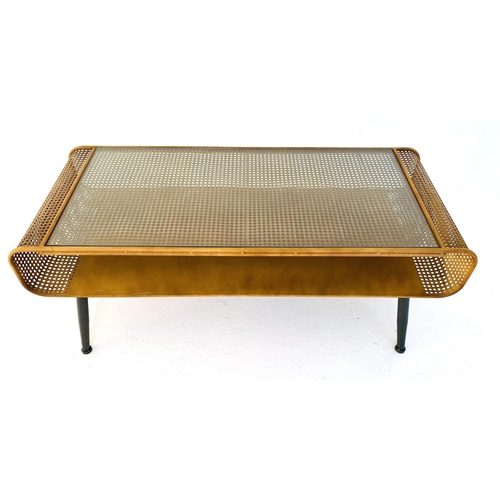 458 - LOW TABLE, 1960's style, faux rattan and glass on black legs.