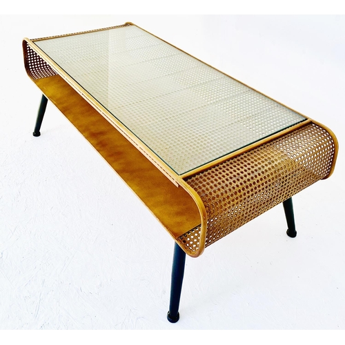 458 - LOW TABLE, 1960's style, faux rattan and glass on black legs.