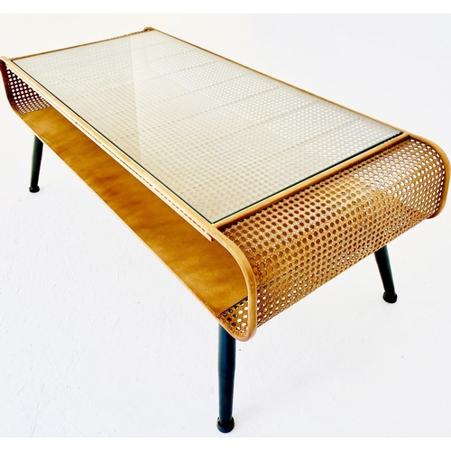 458 - LOW TABLE, 1960's style, faux rattan and glass on black legs.