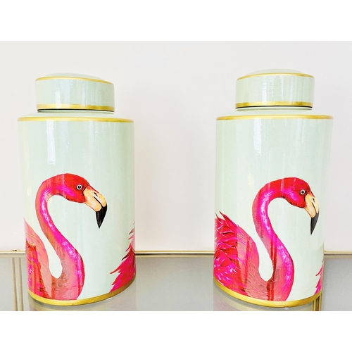 468 - FLAMINGO DESIGN JARS, a pair, glazed ceramic with covers, 41cm H. (2)