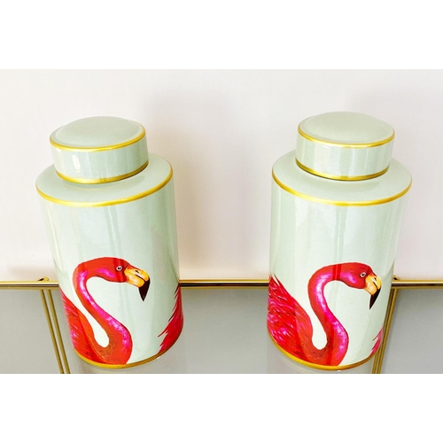 468 - FLAMINGO DESIGN JARS, a pair, glazed ceramic with covers, 41cm H. (2)