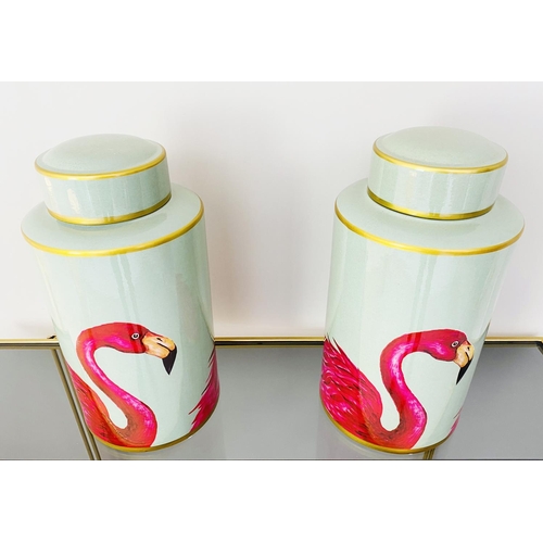 468 - FLAMINGO DESIGN JARS, a pair, glazed ceramic with covers, 41cm H. (2)