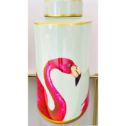 468 - FLAMINGO DESIGN JARS, a pair, glazed ceramic with covers, 41cm H. (2)