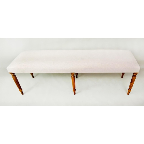 470 - HALL SEAT, neutral linen upholstery on reeded wooden supports. 152cm L x 40cm D x 41cm H