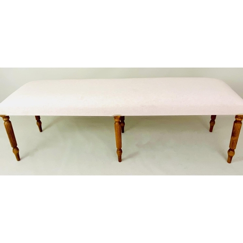 470 - HALL SEAT, neutral linen upholstery on reeded wooden supports. 152cm L x 40cm D x 41cm H