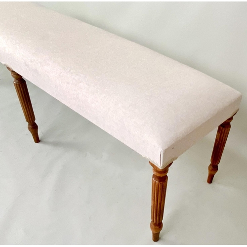 470 - HALL SEAT, neutral linen upholstery on reeded wooden supports. 152cm L x 40cm D x 41cm H