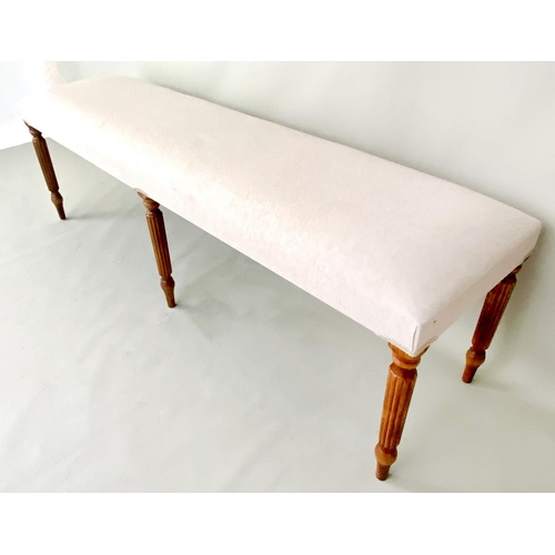 470 - HALL SEAT, neutral linen upholstery on reeded wooden supports. 152cm L x 40cm D x 41cm H