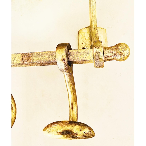 475 - LUGGAGE RACK PORTMANTEAU MIRROR, gilt metal with coat hooks, 54cm H x 67cm x 36cm.