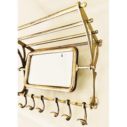 475 - LUGGAGE RACK PORTMANTEAU MIRROR, gilt metal with coat hooks, 54cm H x 67cm x 36cm.