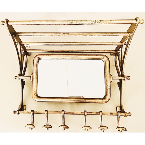 475 - LUGGAGE RACK PORTMANTEAU MIRROR, gilt metal with coat hooks, 54cm H x 67cm x 36cm.